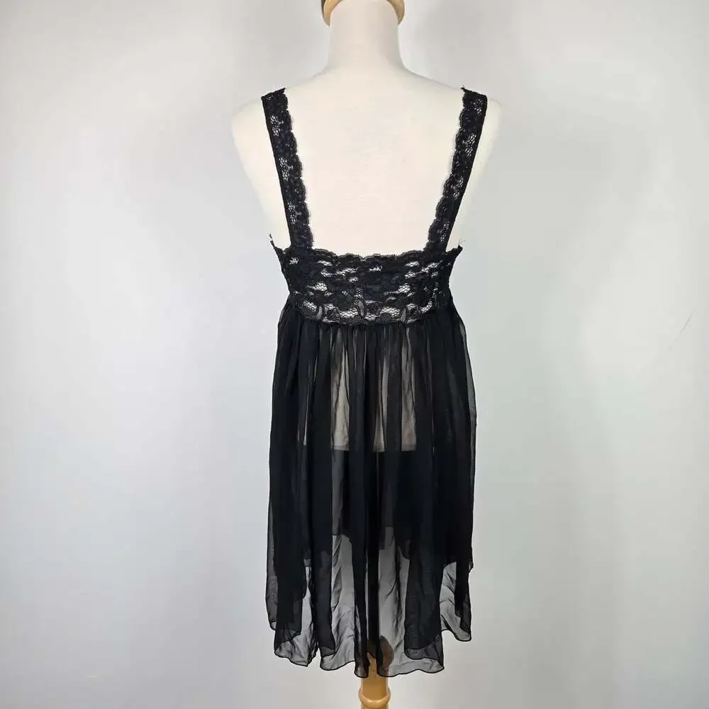 Scandale Paris Vintage Black Lace Chiffon Babydoll Mini Nightgown Lingerie Small